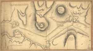 クリントン砦とモンゴメリー砦のスケッチは、10 月 6 日に襲撃されました。 1777 年、ヘンリー クリントン卿、K.B.、H. メジャー軍中将、ニュー ヨークとその属領の最高司令官の指揮下にある軍隊によって。 作： Unbekannt