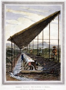 監督者が鞭で見守るダイヤモンドのために洗う奴隷、ブラジル、1815年