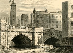 1820年、1878年にショットタワーとセントオラベス教会があるオールドロンドンブリッジのサウスエンド。 作： Unbekannt