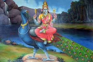 Sri Mariamman ヒンドゥー寺院。スブラマニャンのシンボルである孔雀を持つスリ・ゴーマリー。シンガポール 作： Unbekannt