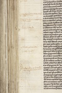 ヒッポの聖アウグスティヌス「オペラ」、フォリオ243の裏面、詳細、1200年頃（羊皮紙にペンとインク