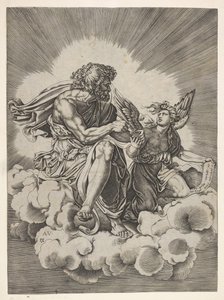 聖マタイ、脚を組んで雲の上に座って、クイルをインク壺に浸した...、1518年。 作： Unbekannt