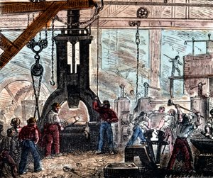 1867年に製鉄所で使用されているスチームハンマー、フランス 作： Unbekannt