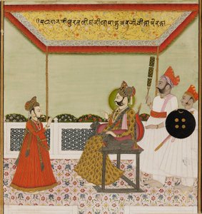 スラト・シンはライオンで武装した玉座に座り、幼い息子を迎えます、c1800 作： Unbekannt