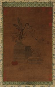 タペストリー: ボウル、2 つの瓶、花、果物、おそらく明王朝、1368-1644。 作： Unbekannt
