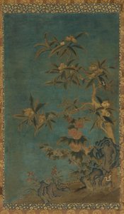 タペストリー：果樹とタチアオイ、明王朝、1368～1644年。 作： Unbekannt