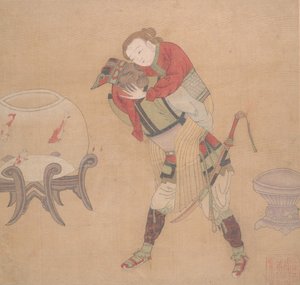 19世紀、ブロンドの女性を背負うタルタルオフィサー。 作： Unbekannt