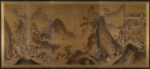 1600年代の前半、山の風景の中の酒石狩り。 作： Unbekannt