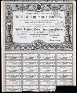 電信、一般パリ-ニューヨーク電信株式証書、1879年3月27日