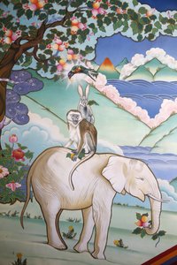千仏大山加丘陵信徒像 象、猿、兎、雉の4人の仲良しの描写、フランス、ラ・ブーレー市 作： Unbekannt