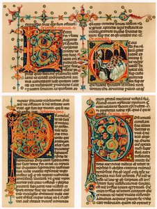 照らされた頭文字が書かれたテキストページ、14世紀