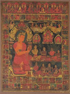 宝石をちりばめた仏の説教を伴うタンカ、1648年。 作： Unbekannt