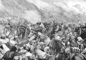 1879年のアフガン戦争：ウィッテハバードの戦いにおけるウィグラムバッティ少佐の死...、1901年。 作： Unbekannt