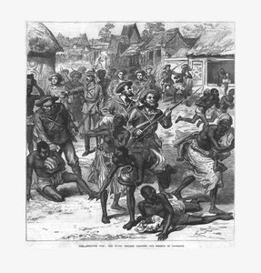 アシャンティー戦争：クーマシーの街路をクリアする海軍旅団、1874年。 作： Unbekannt