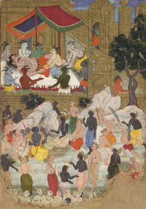 ランカの黄金都市でのクンバカルナの覚醒」（『ラーマーヤナ』フォリオ、1605年頃）。 作： Unbekannt