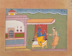 バラモンは、分散したバガヴァタプラーナからクリシュナにルクミニスの手紙を届けます... 1610年。 作： Unbekannt
