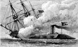 南軍の装甲艦メリマックがUSSカンバーランドを沈没させた、1862年c1880 作： Unbekannt