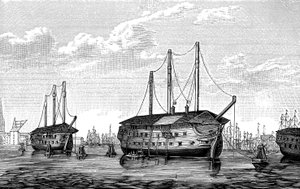 コペンハーゲンでのデンマークの刑務所船ドローニングマリアとウォルデマー、1848年-1849年 作： Unbekannt