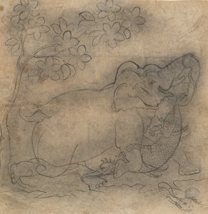 象の王がワニと格闘する様子。ガジェンドラモクシャ・シリーズのイラスト、19世紀後半 作： Unbekannt