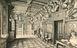 エントランスホール。 -壁に沿って古い鎧の多くのスーツがあります。1882。