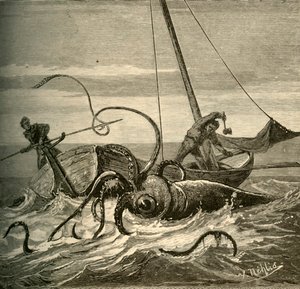 巨大なイカとの漁師の戦い、1881年。 作： Unbekannt