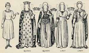 英国衣装のギャラリー：ヘンリー3世の時代に男性と女性が着用したもの、c1934 作： Unbekannt