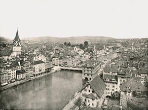 1895年にスイスのチューリッヒのリマト川で分断されたグロスシュタットとクライネシュタット。 作： Unbekannt