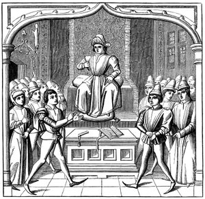 裁判官の決闘、原告は裁判官の前で彼の訴訟を開いた、15世紀1849 作： Unbekannt