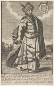 カンボジアの王はセプターを右手に持って立っています。 1670-1700。 作： Unbekannt