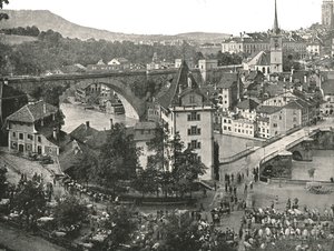 Nydeggbrückeと牛の市場、ベルン、スイス、1895年。 作： Unbekannt