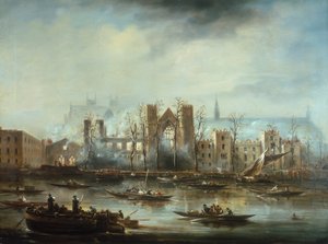 「1834 年の火災後の川から見たウェストミンスター宮殿」、c1834 作： Unbekannt