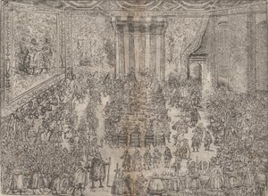 ヴォルフガの結婚式を描いたシリーズからの王室の食事「Fürstliche Mahlzeit」、1614 年。 作： Unbekannt