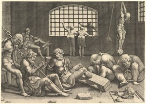 刑務所、鎖と束縛で結ばれたダンジョンの男性のグループ、右側の図.... nd 作： Unbekannt