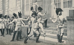 プロイセンの高貴な警備員が1896年にベルリンのフランス大使館の階段で彼らの剣を研ぐ 作： Unbekannt