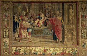 ローマ総督セルギウス・パウルスの前で聖パウロに失明させられた魔術師エリマス（ブリュッセル・タペストリーより）、ラファエロのヴァチカン・シリーズの「使徒言行録」（タペストリー）の複製品 作： Unbekannt