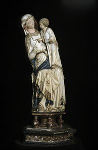 聖母と幼いイエス。1350-1375年頃の大理石の彫像。45 cm Collegiale Notre Dame（ノートルダム寺院）。ヴィルヌーヴ・レ・アヴィニオン（ガール）。 作： Unbekannt