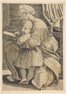 幼児のキリストと聖母の読書、横向きに座っている女性、左向き...、ca。 1515-1600。 作： Unbekannt