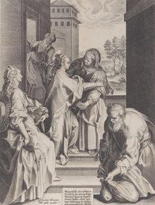 面会、中央で抱き合う聖母と聖エリザベート、1589 年。 作： Unbekannt