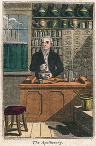 薬を準備するために乳棒と乳鉢を使用した薬剤師、1823 作： Unbekannt