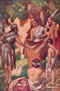 商取引の始まり：象牙の牙と雄牛の皮を交換する原始的な人々、1907年 作： Unbekannt