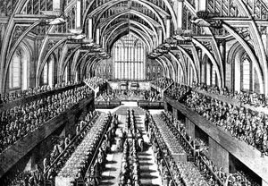 1685年、1905年、ロンドンのウェストミンスターホールでのジェームズ2世の戴冠式 作： Unbekannt