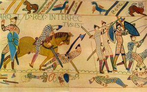 ヘイスティングズの戦いでのハロルドの死、1066 年、1944 年。 作： Unbekannt