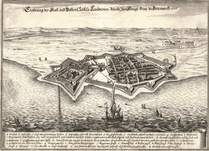 1676 年のスカニア戦争でデンマーク人に占領された、スウェーデンのランツクルーナの要塞 作： Unbekannt