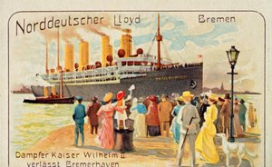 巨大なSSカイザーヴィルヘルム2世は、1905年にドイツのブレーマーハーフェンの波止場から撤退しました。 作： Unbekannt