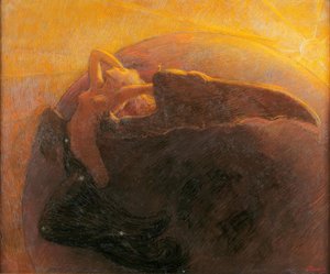 金色の太陽が翼のある女性として描かれた月を呼び覚ます 作： Unbekannt
