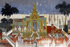 シルバーパゴダの内部には、インドの古典叙事詩「ラーマーヤナ」のクメール版ともいえる「リームカー」の物語を描いた壁画が描かれています。壁画の一部は劣化し、風化しています。この壁画は 作： Unbekannt