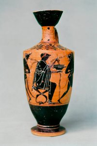 陶製の花瓶に描かれた魔術師キルケを黒い人物で表現しています。古代ギリシャ 紀元前5～4世紀 作： Unbekannt