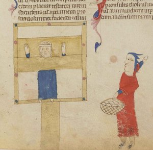 さらし台。 Coutumes de Toulouse、1295-1297から。 作： Unbekannt