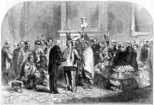 アメリカ合衆国の大統領、敵対的な部族に握手を促す1858 作： Unbekannt
