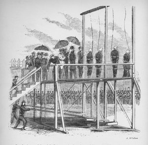 3人の男性と1人の女性がリンカーンの暗殺のために絞首刑になりました、c1865、1938